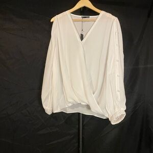 Krisa, surplice, Elegant Cold Arm White Women's Top, size Large